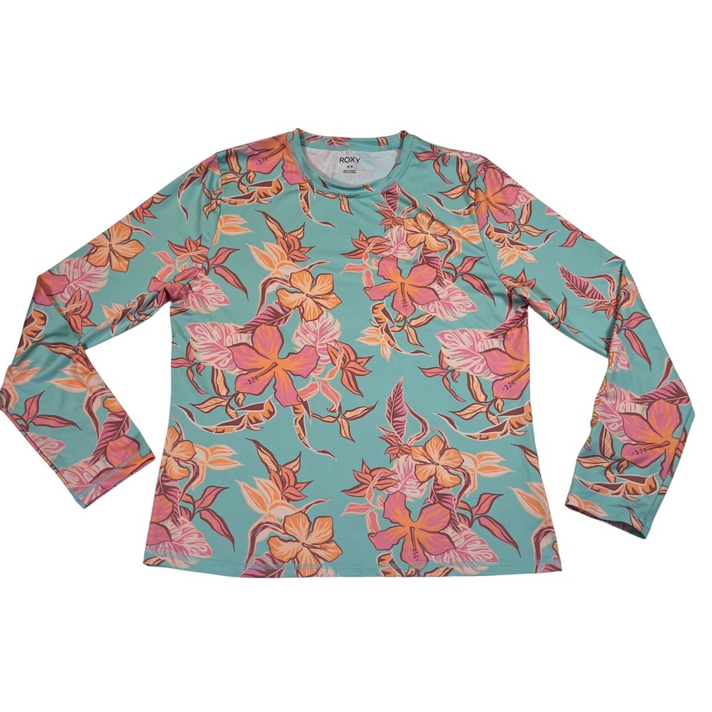 Roxy Rash Guard Teal Floral Long Sleeve Swim Surf Beachy
